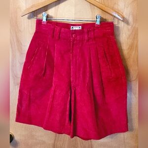 Red Corduroy Shorts High Waist Pleated 7/8